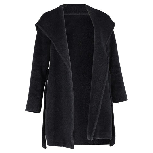 Hooded Coat with Belt in Black Wool