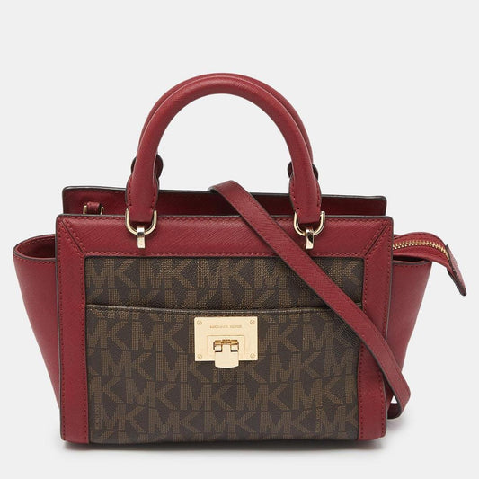 Michael Michael Kors /red Signature Coated Canvas And Leather Tina Tote