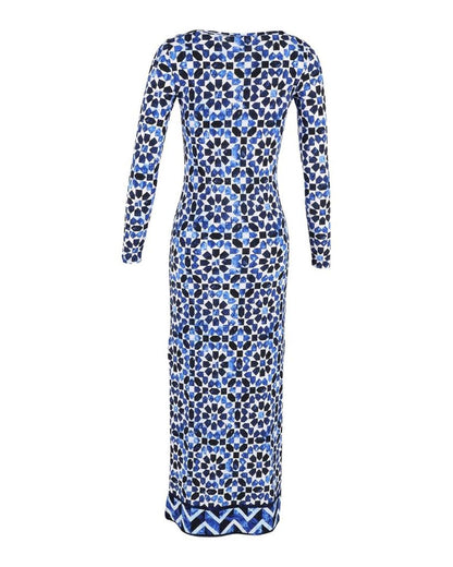 Michael Kors Printed Stretch Maxi Dress with Slit in Blue Polyester