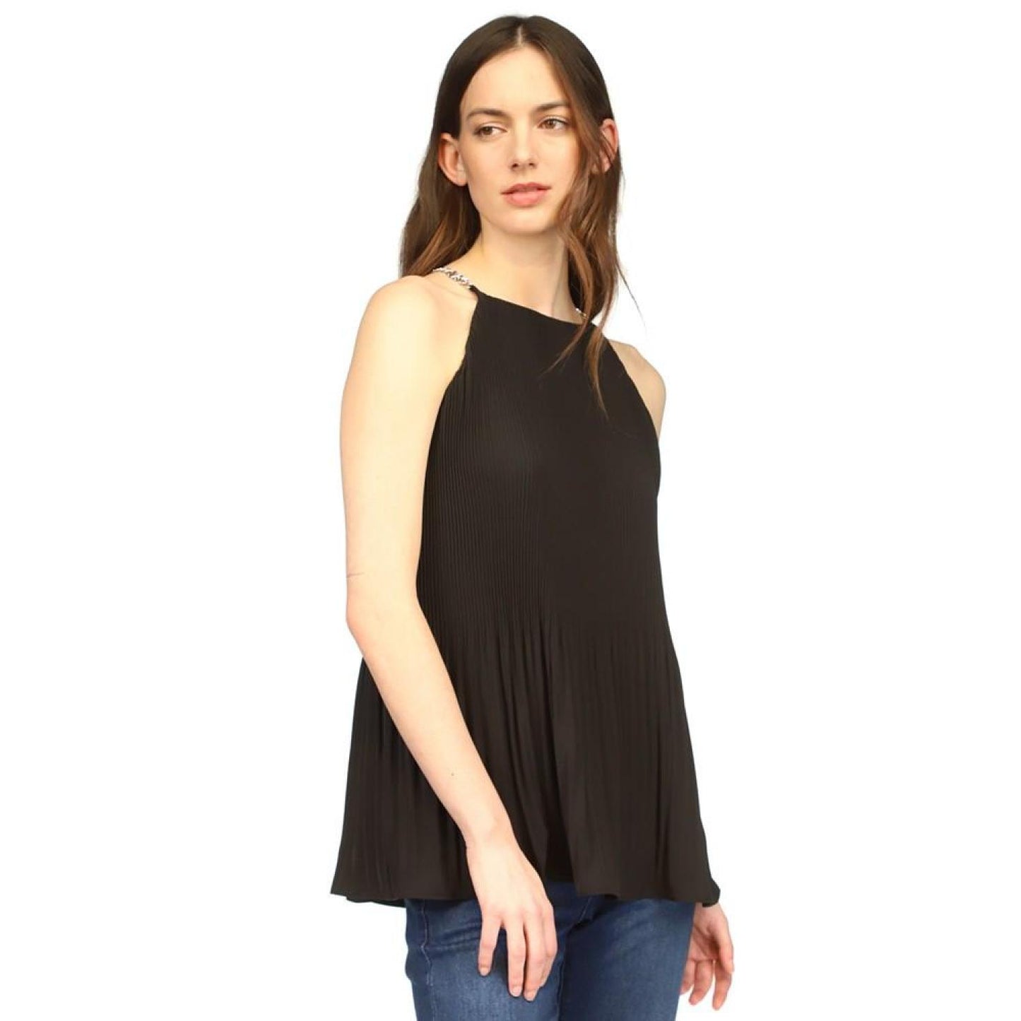 Women's Chain-Strap Halter-Neck Pleated Top