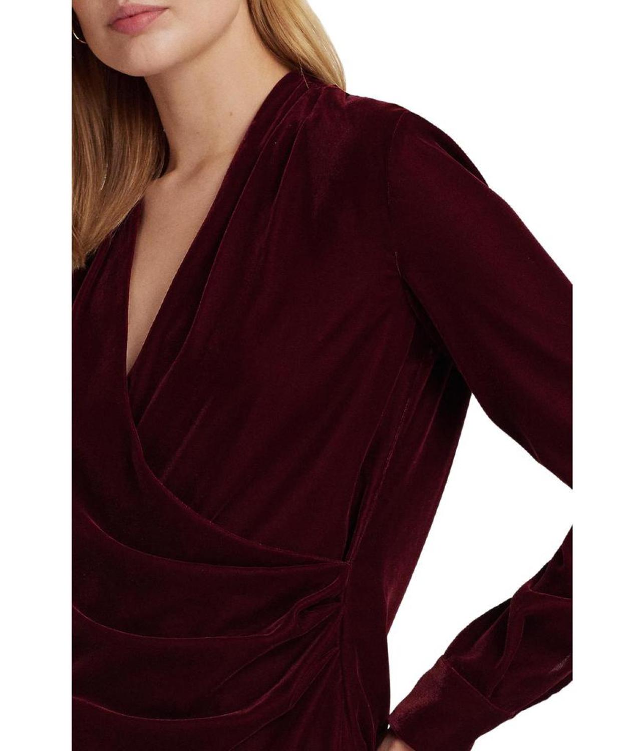 Petite Pleated Velvet Surplice Blouse