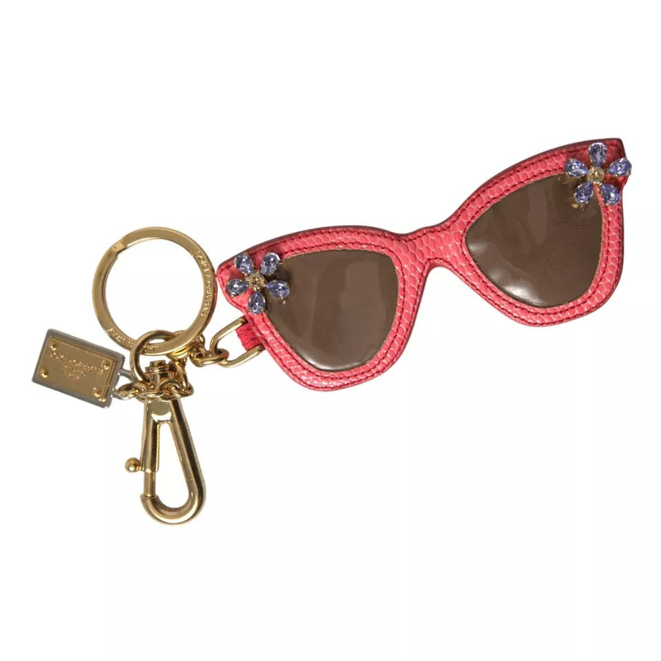 Dolce & Gabbana Red Leather Crystal Sunglasses Gold Metal Keyring Keychain