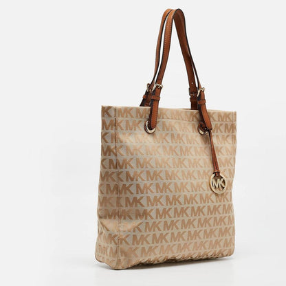 Michael Kors Beige Signature Canvas And Leather Jet Set Nort South Tote