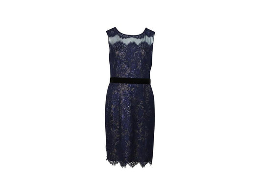 Marchesa Notte Lace Sequined Midi Dress in Blue Polyester