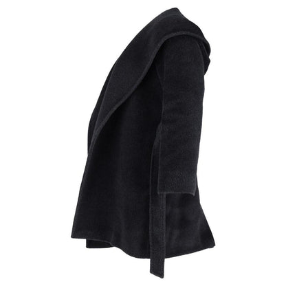 Hooded Coat with Belt in Black Wool