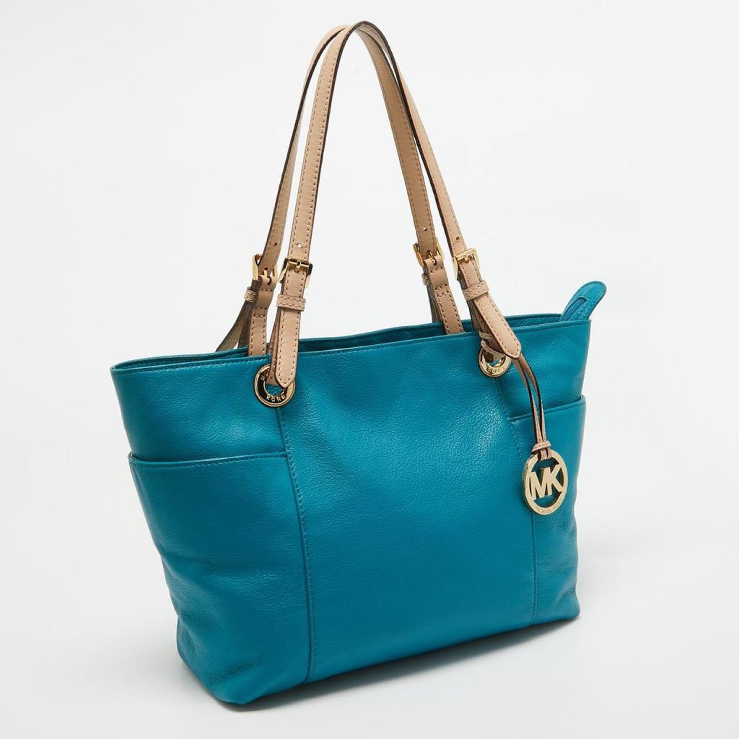 Michael Michael Kors Teal /beige Leather Jet Set Tote