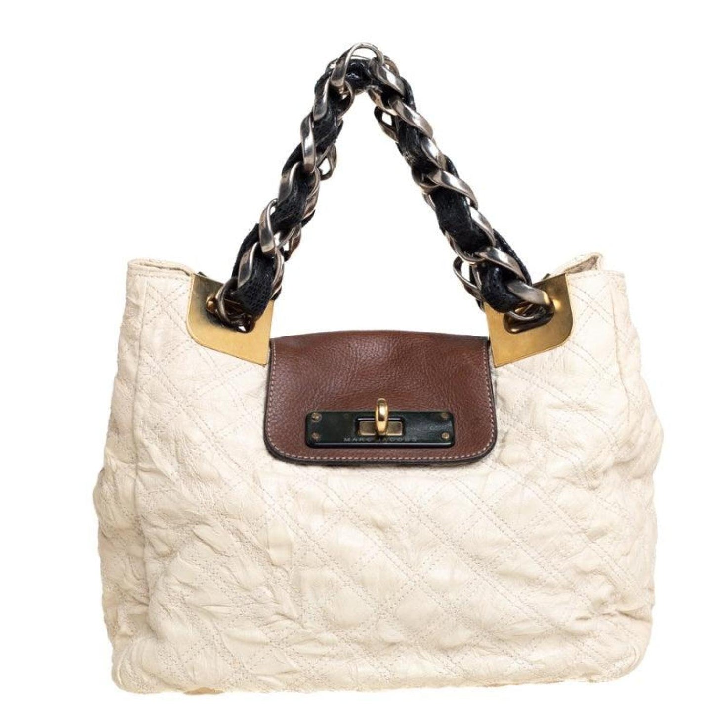 Marc Jacobs Cream/brown Quilted Shimmer Leather Turnlock Flap Shoulder Bag