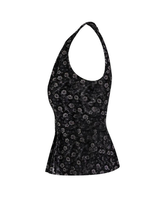 Prada Metallic Halter Top in Black Floral Print Polyester