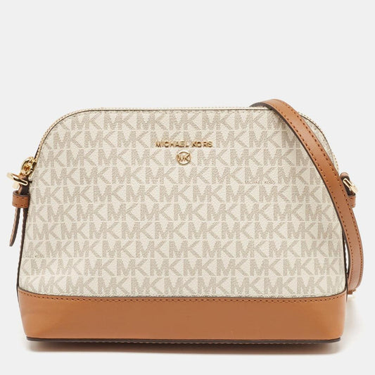 White/brown Signature Coated Canvas And Leather Dome Crossbody Bag