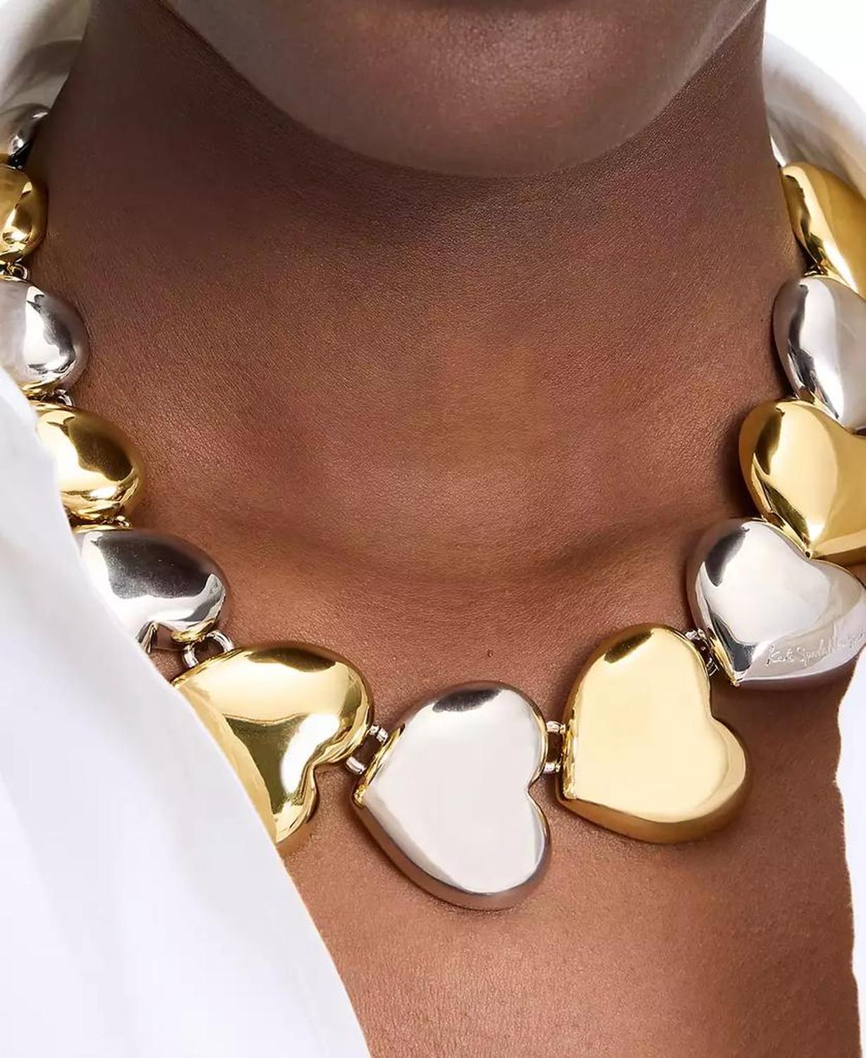 Two-Tone Large Graduated Alternating Heart Collar Necklace, 17" + 3" extender