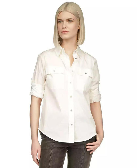 MICHAEL Women's Poplin Tab-Sleeve Utility Top