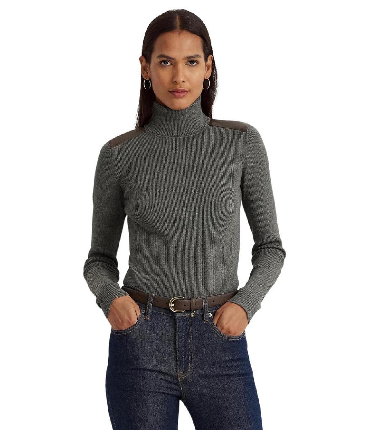 Petite Faux Leather Trim Ribbed Turtleneck