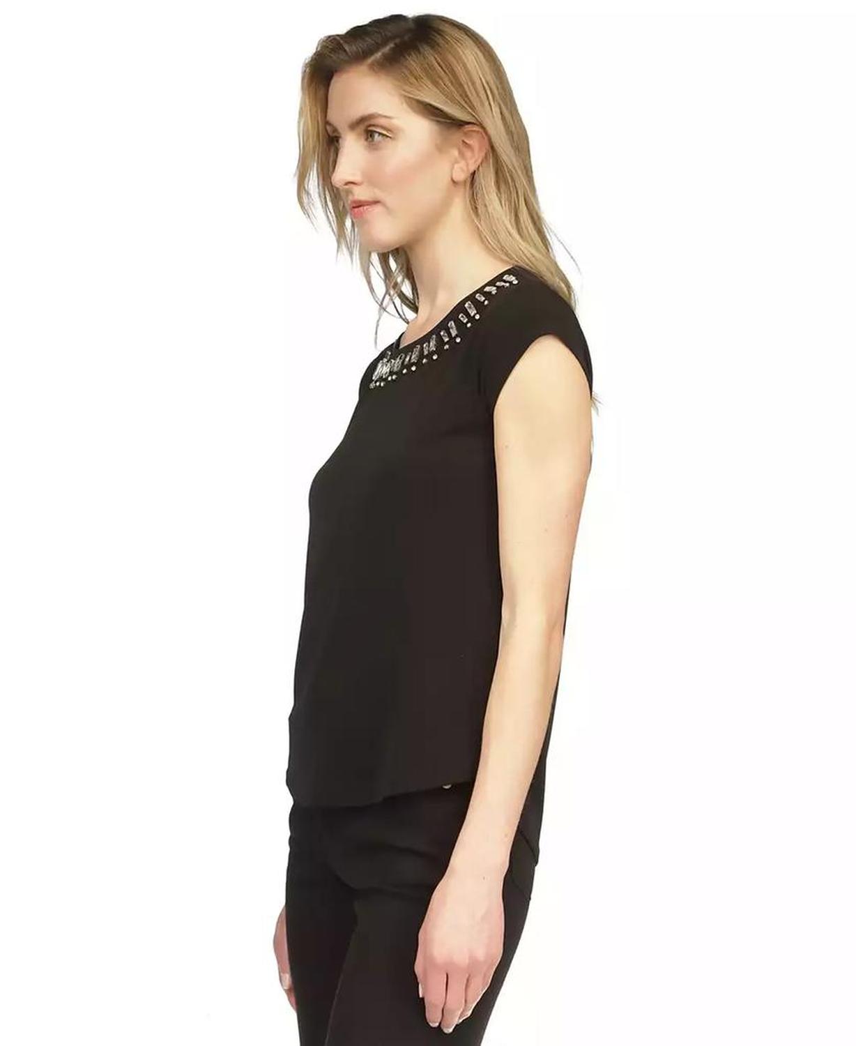 Rhinestone-Neckline Cap-Sleeve Top