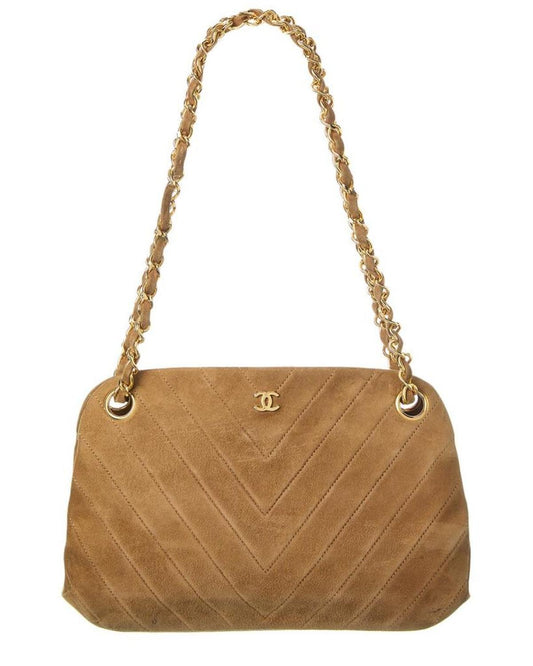 Chanel Neutral Suede Chevron Chain Shoulder Bag (Authentic Pre-Owned)