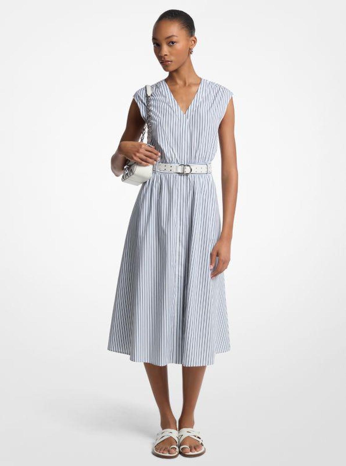 Striped Cotton Poplin Belted Midi Dress