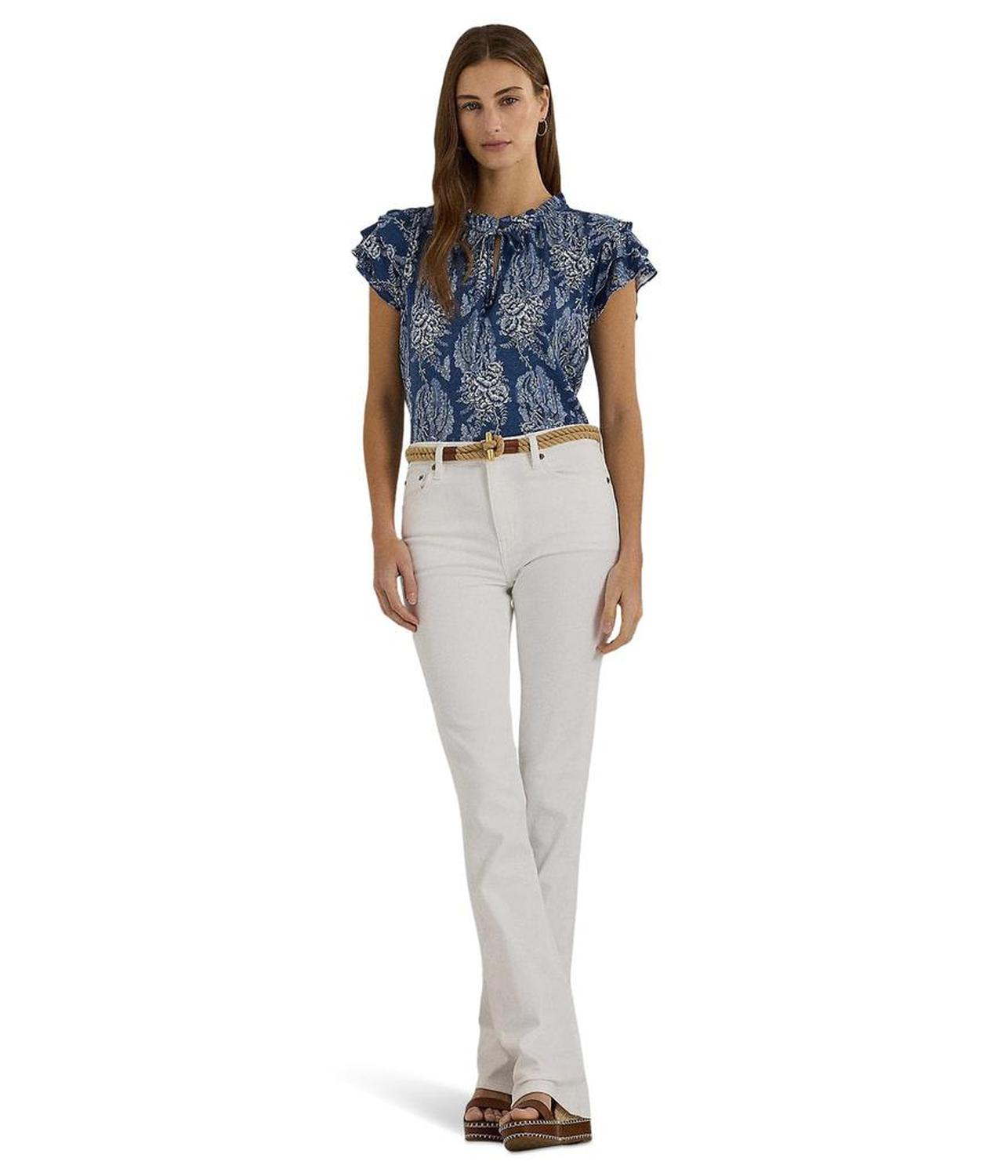 Floral Linen-Blend Jersey Tie-Neck Top