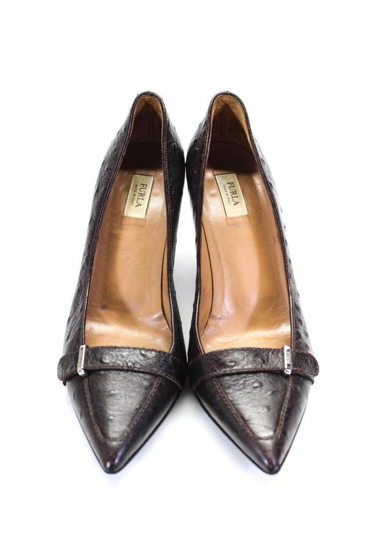 Furla Womens Ostrich Leather Pointed Toe High Heels Pumps Brown