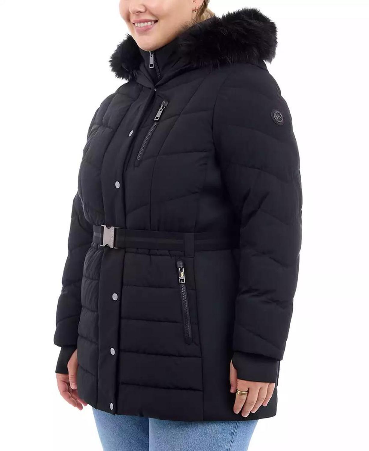 Plus Size Belted Faux-Fur-Trim Hooded Puffer Coat