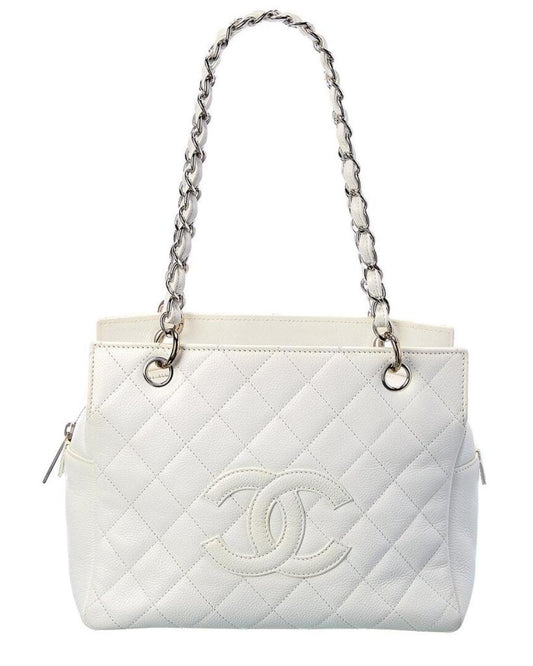 Chanel White Quilted Caviar Leather Petite Timeless Tote (Authentic Pre-Owned)