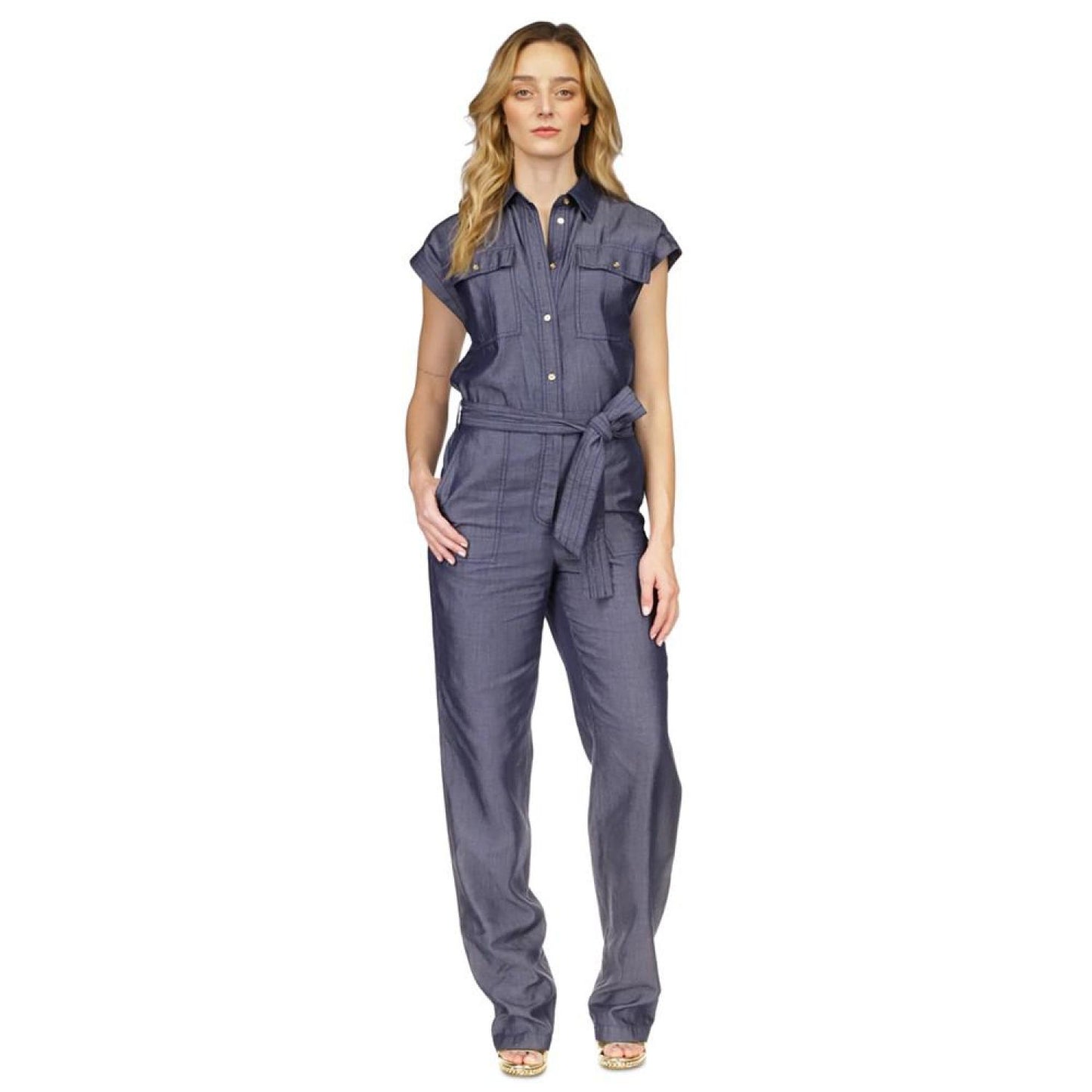 Petite Tie-Waist Button-Front Jumpsuit