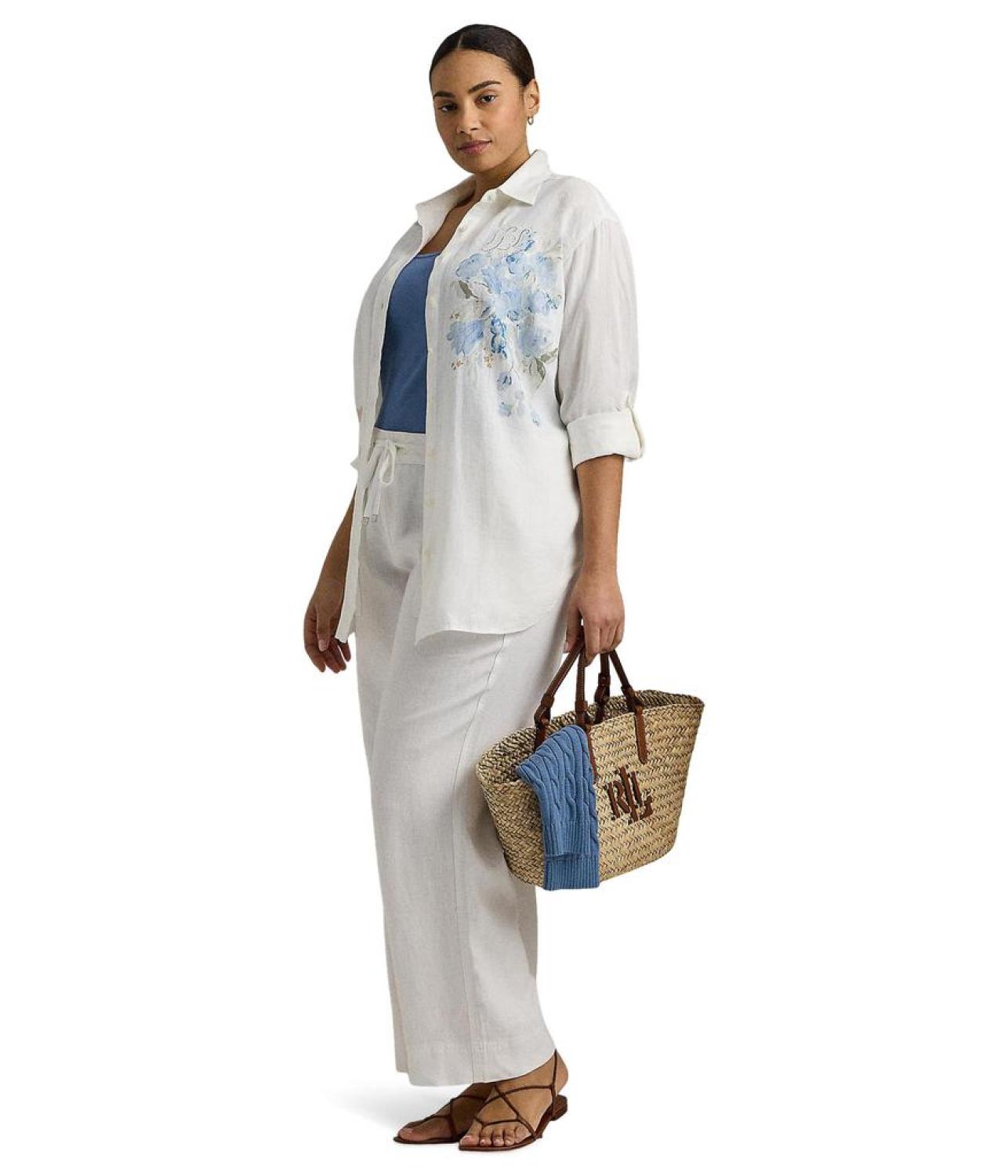 Plus-Size Oversize Floral Eyelet-Logo Linen Shirt