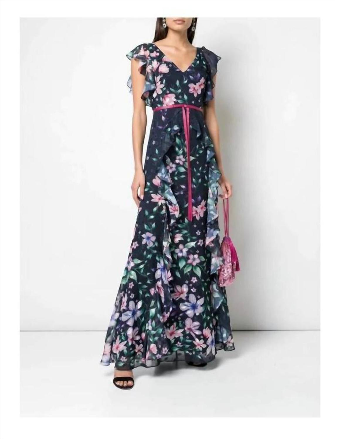 Floral Sleeveless Printed Chiffon Gown In Blue