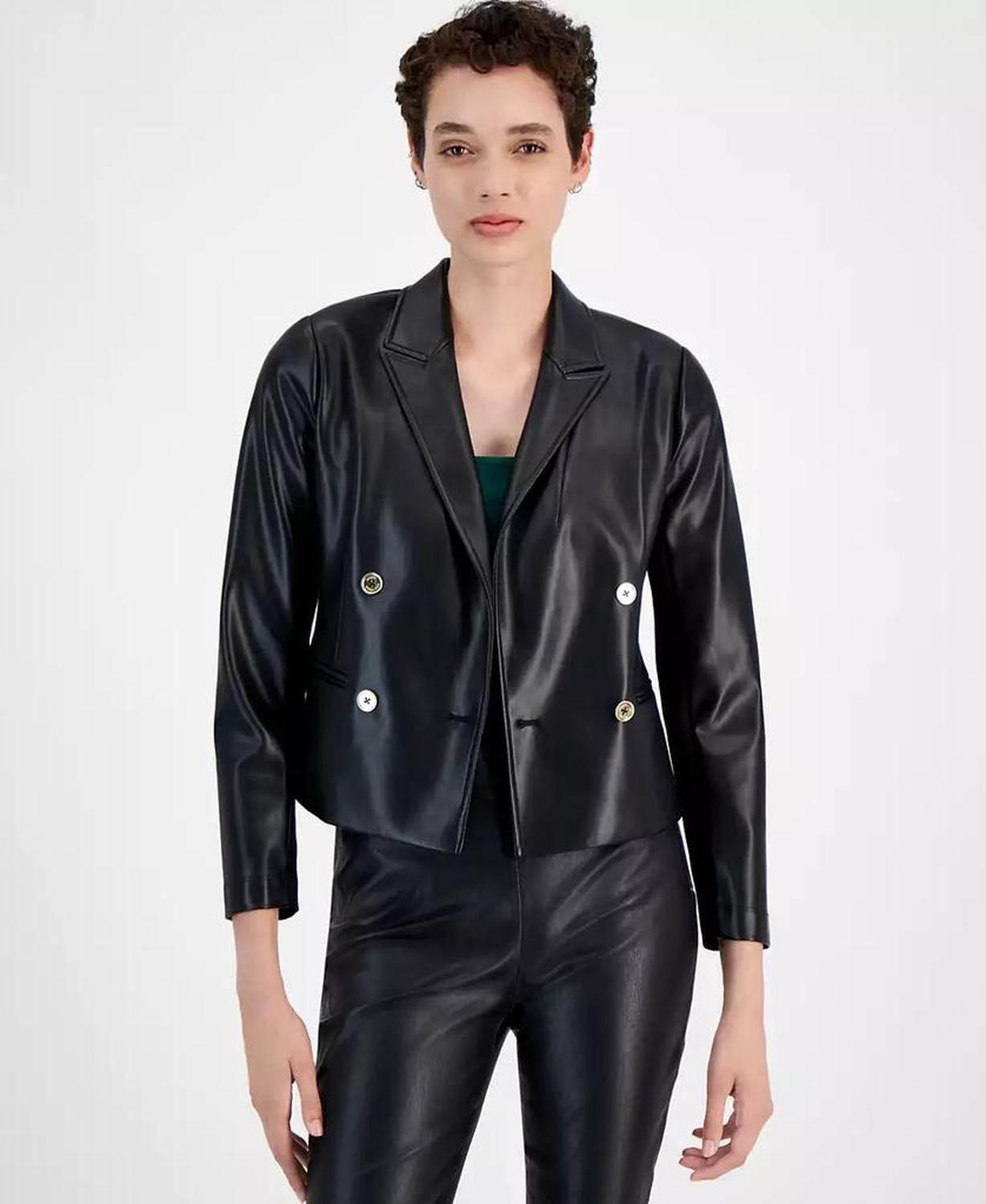 Women's Faux-Leather Cropped Blazer