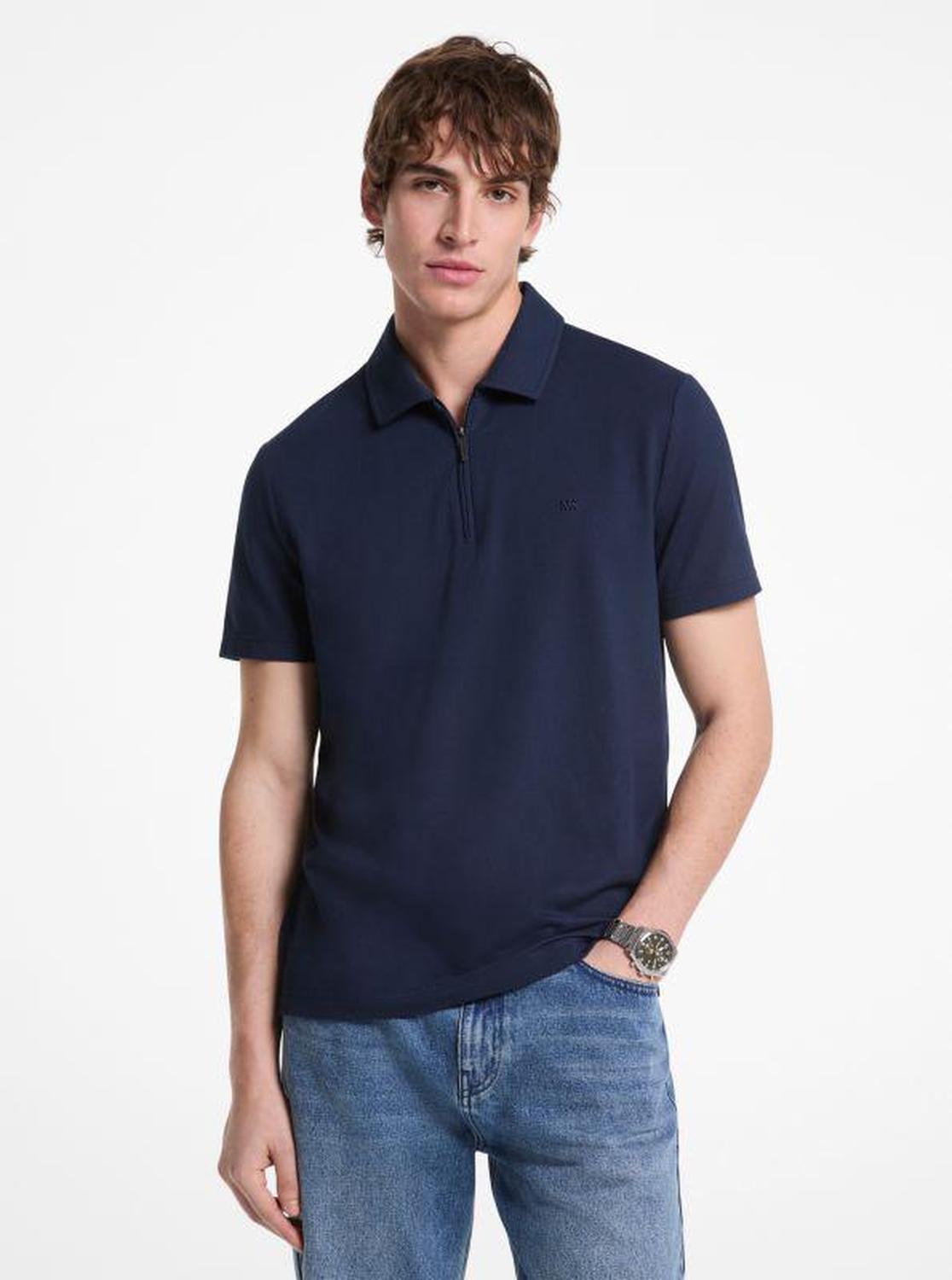 Cotton Blend Piqué Zip-Up Polo Shirt