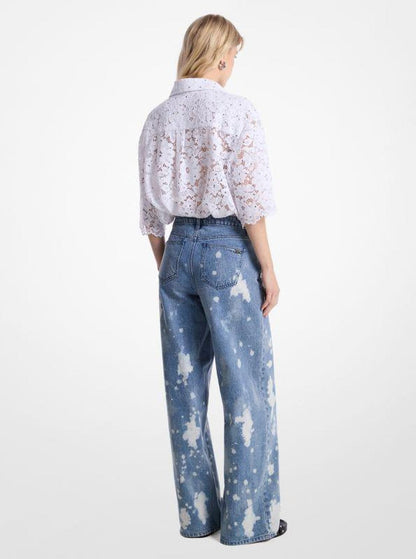 Hand-Splattered Bleach Denim Wide-Leg Jean