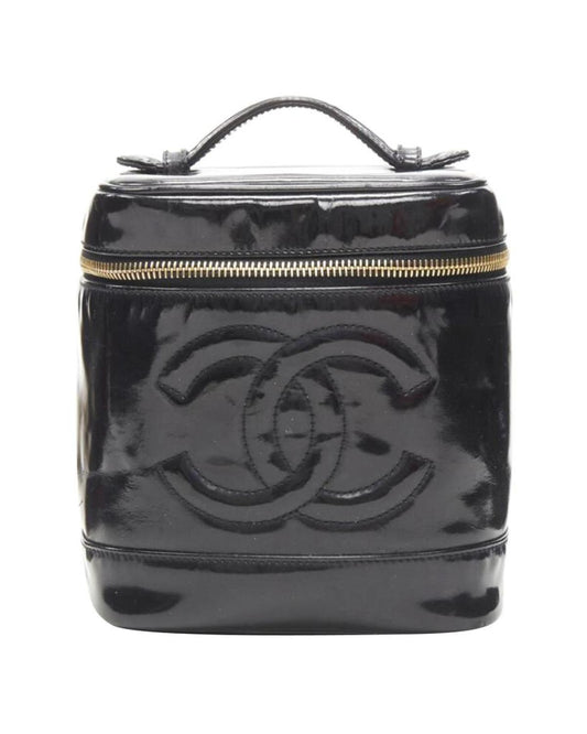 CHANEL Vintage black patent leather CC logo top handle Vanity bag