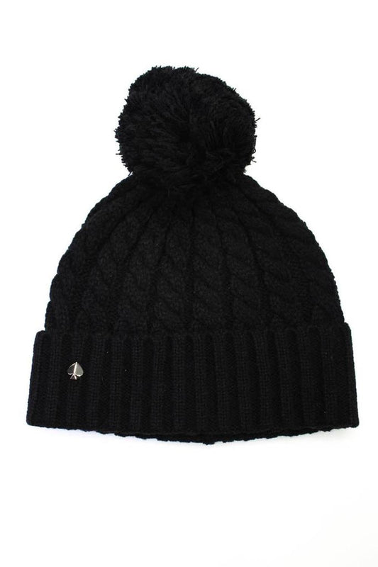 Kate Spade New York Womens Cable Ribbed Knit Pom Pom Hat Black One