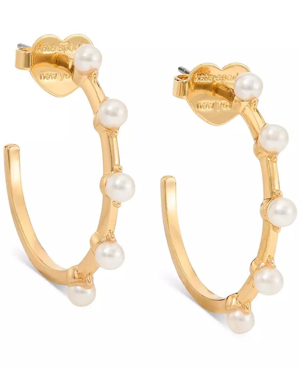 Gold-Tone Hint of Shimmer Imitation Pearl Small Hoop Earrings, 1"