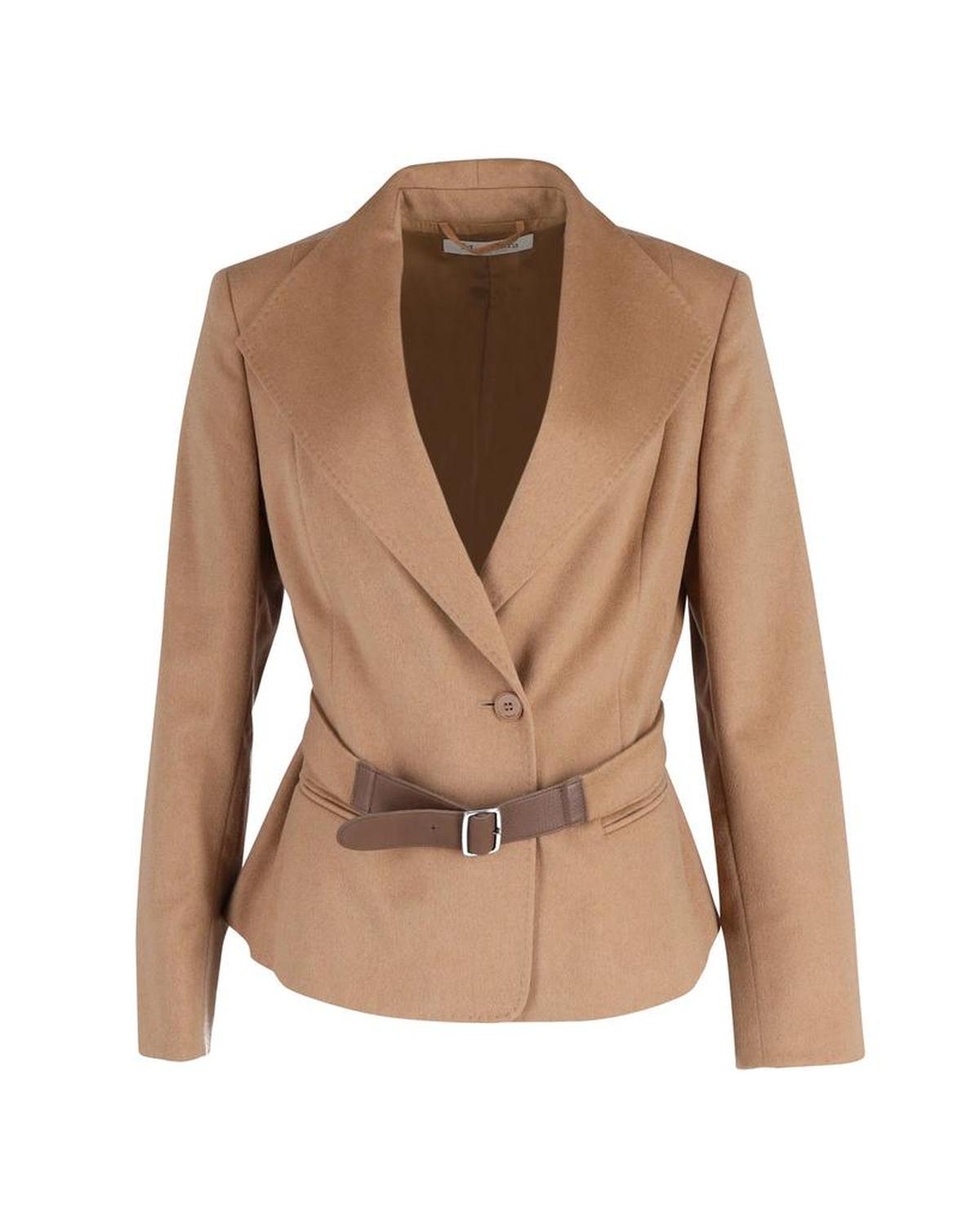 Max Mara Single Breasted Belted Blazer in Brown Camel Hair