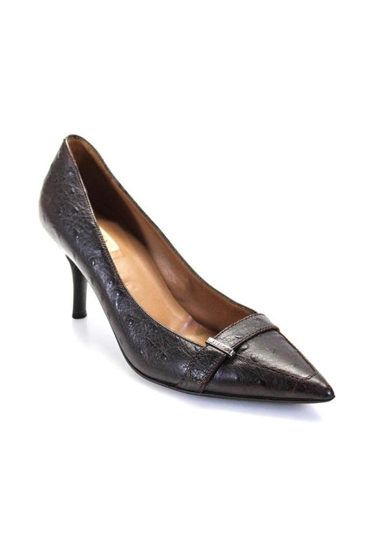 Furla Womens Ostrich Leather Pointed Toe High Heels Pumps Brown