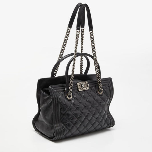 Chanel  Quilted Double Stitch Leather Boy Tote