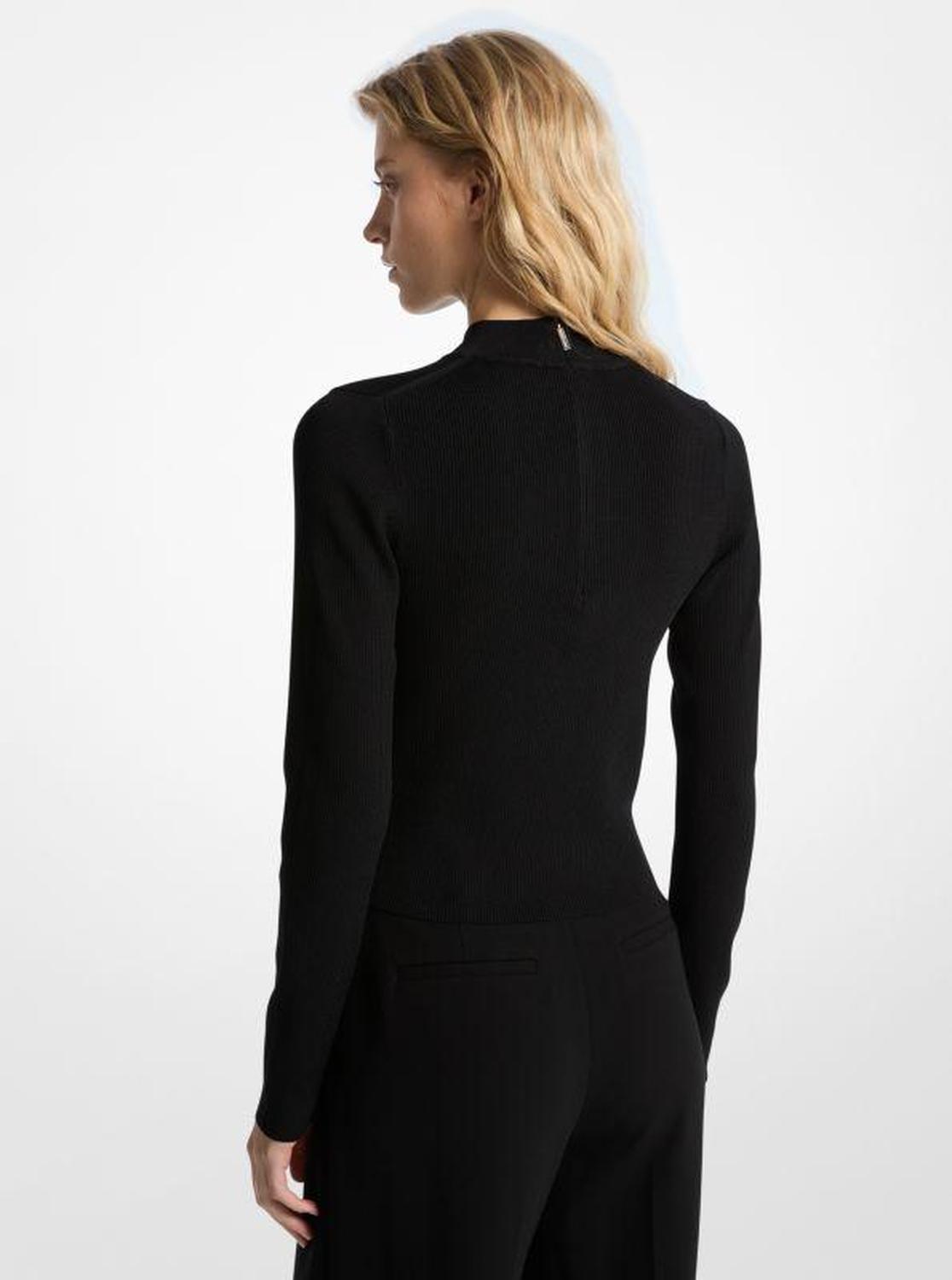 Ribbed Stretch Knit Mock Neck Sweater