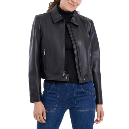 Petite Zip-Front Leather Coat