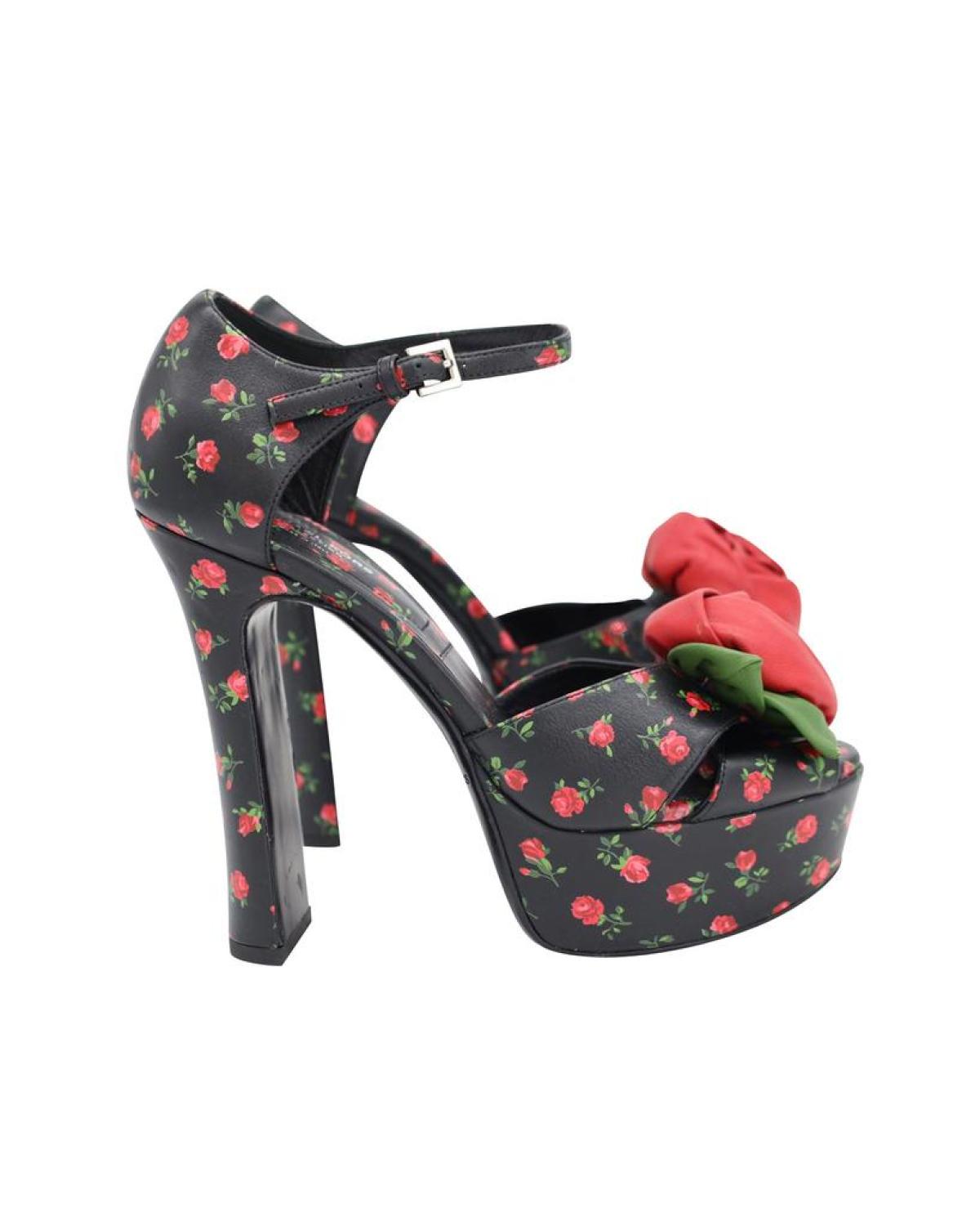 Michael Kors Huxley Rose Appliqué Rosebud Platform Sandal in Black & Red Leather