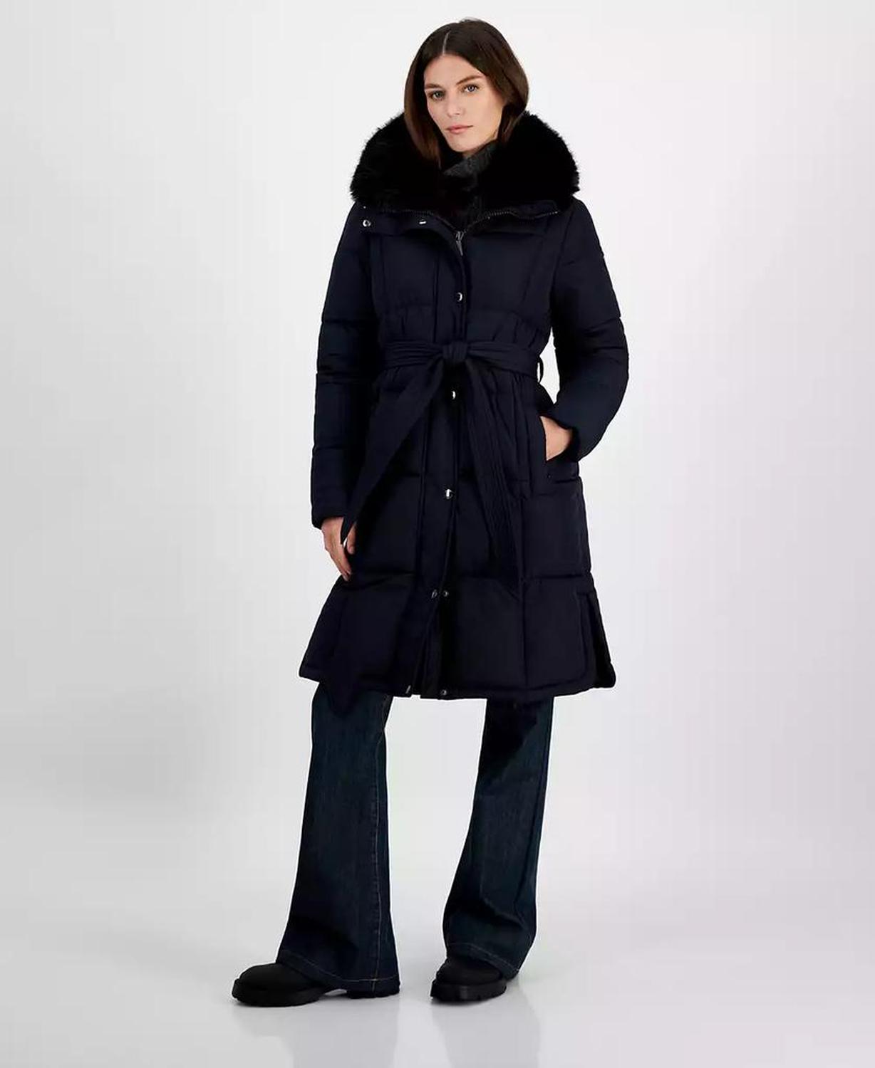 Women's Faux-Fur-Collar Belted Puffer Coat, Created for Macy's