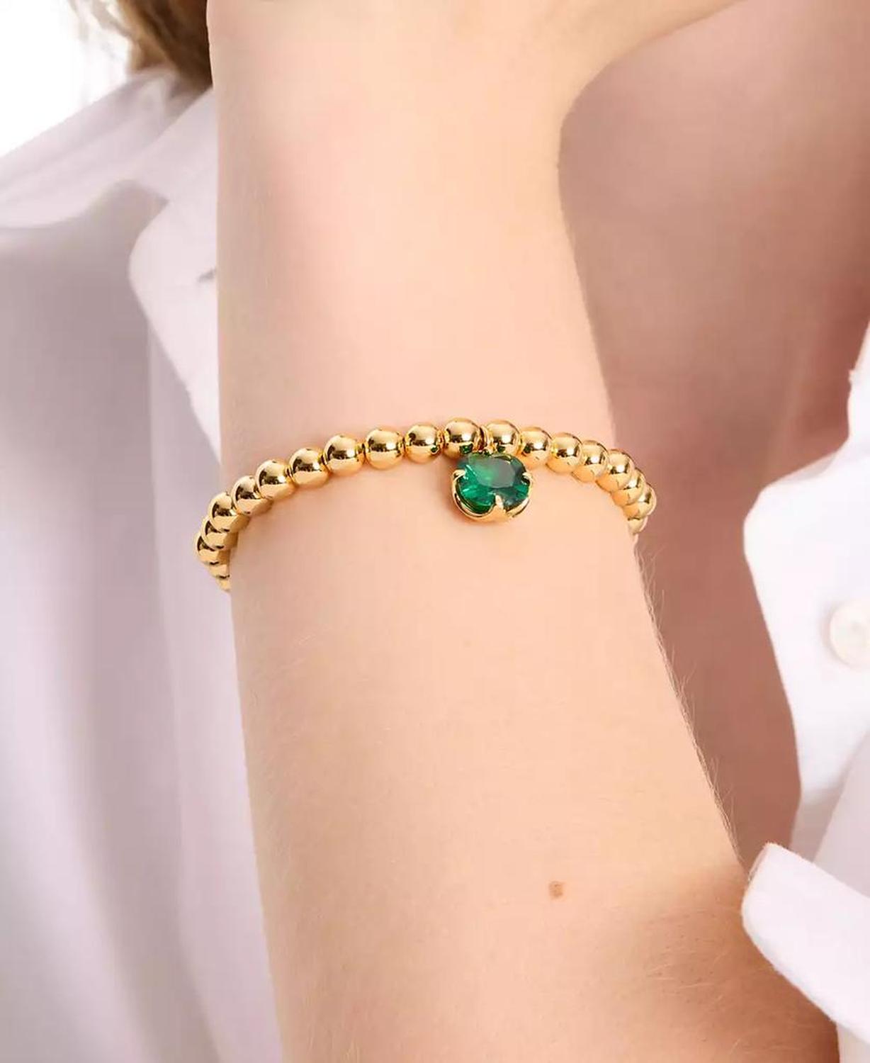 Gold-Tone Pop of Joy Green Stone Stretch Bracelet