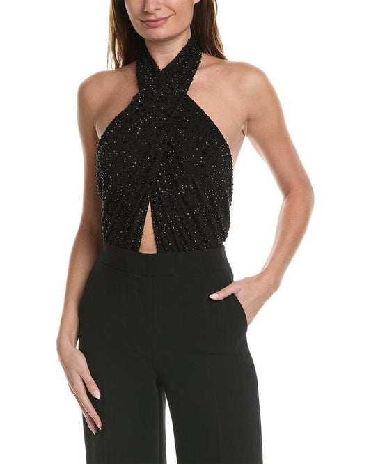 Michael Kors Collection Crystal Hand Embroidered Halter Bodysuit