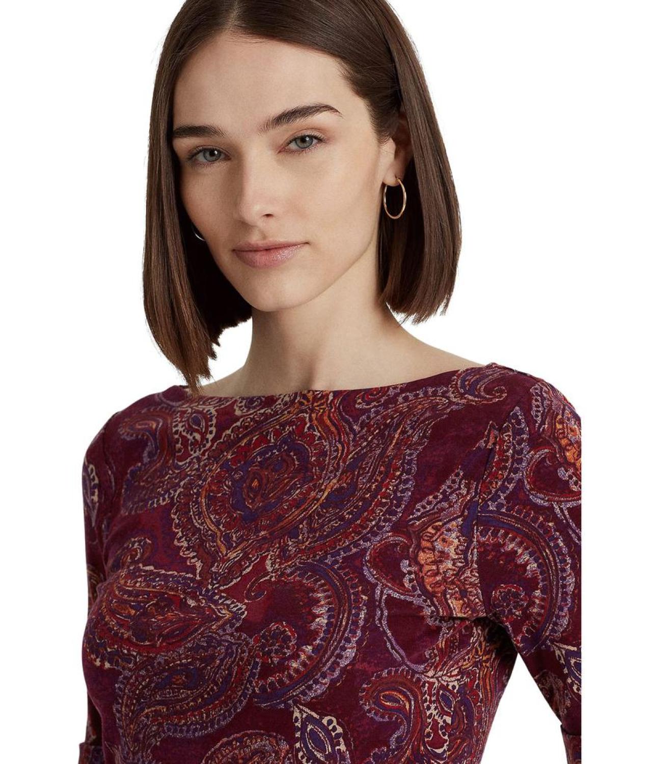 Petite Paisley Stretch Cotton Boatneck Top