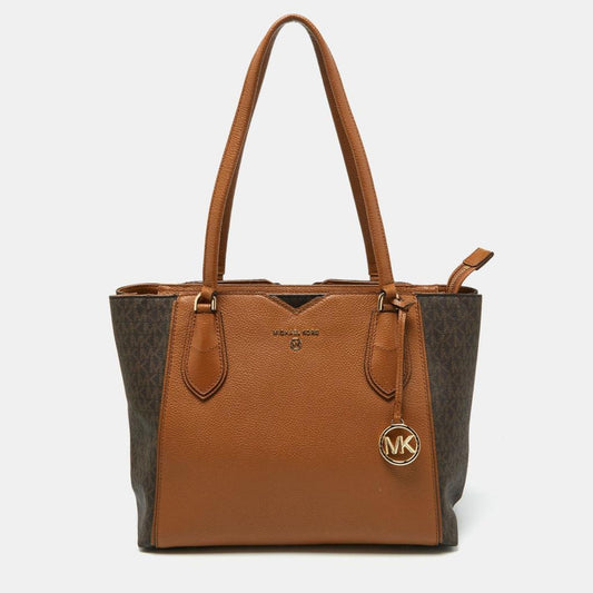 Michael Kors Brown/tan Signature Coated Canvas And Leather Mae Tote