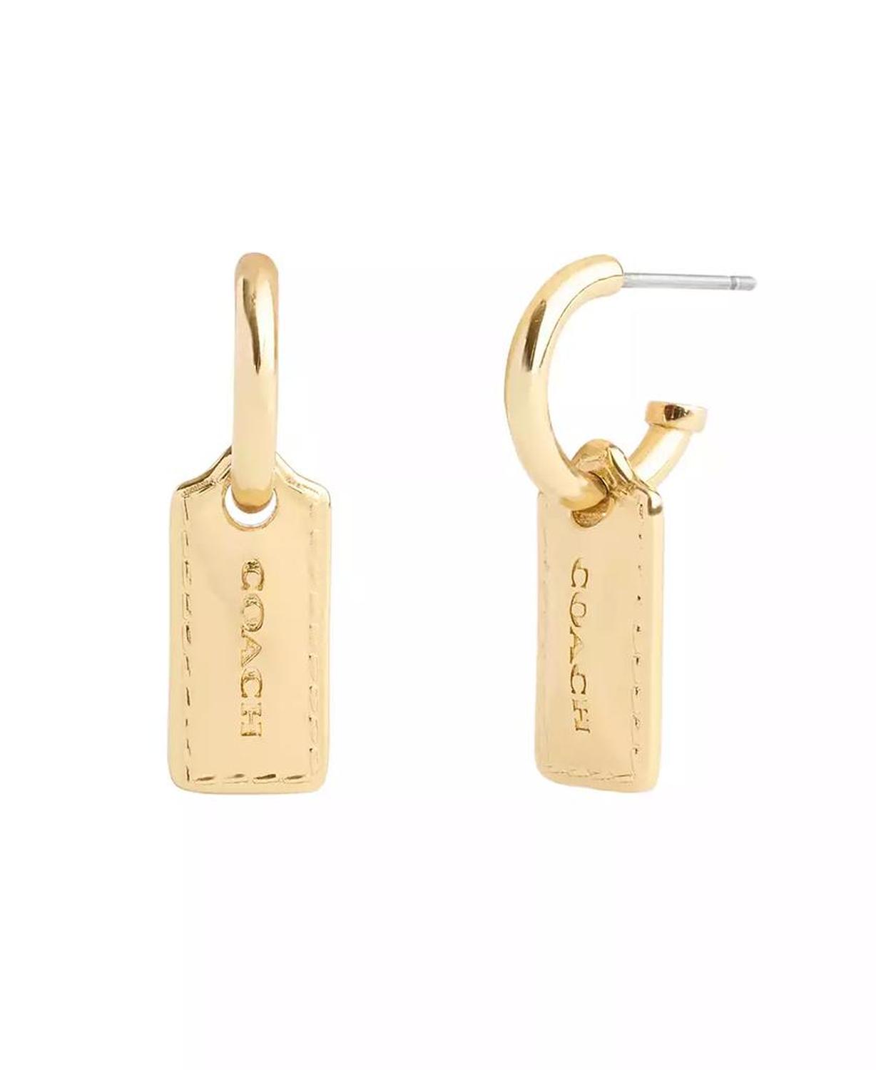 Gold-Tone Signature Stitched Hangtag Charm Huggies Earrings