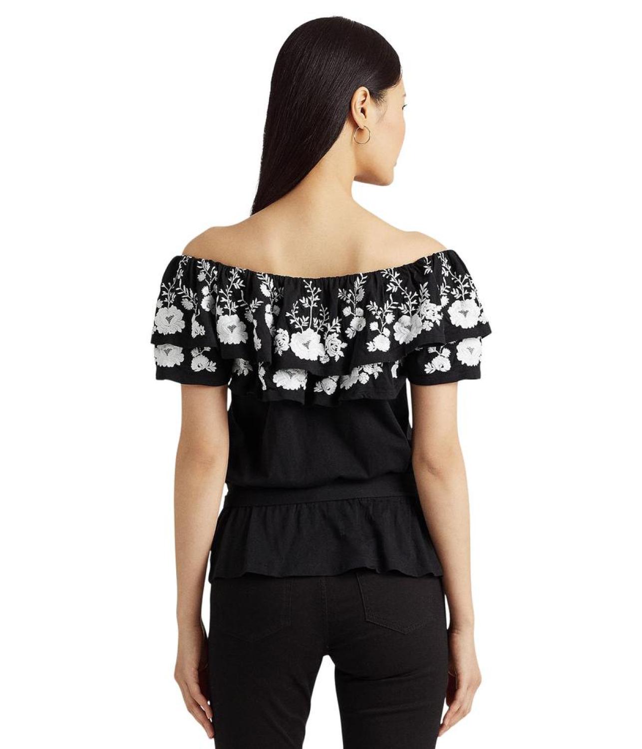 Embroidered Jersey Off-the-Shoulder Top