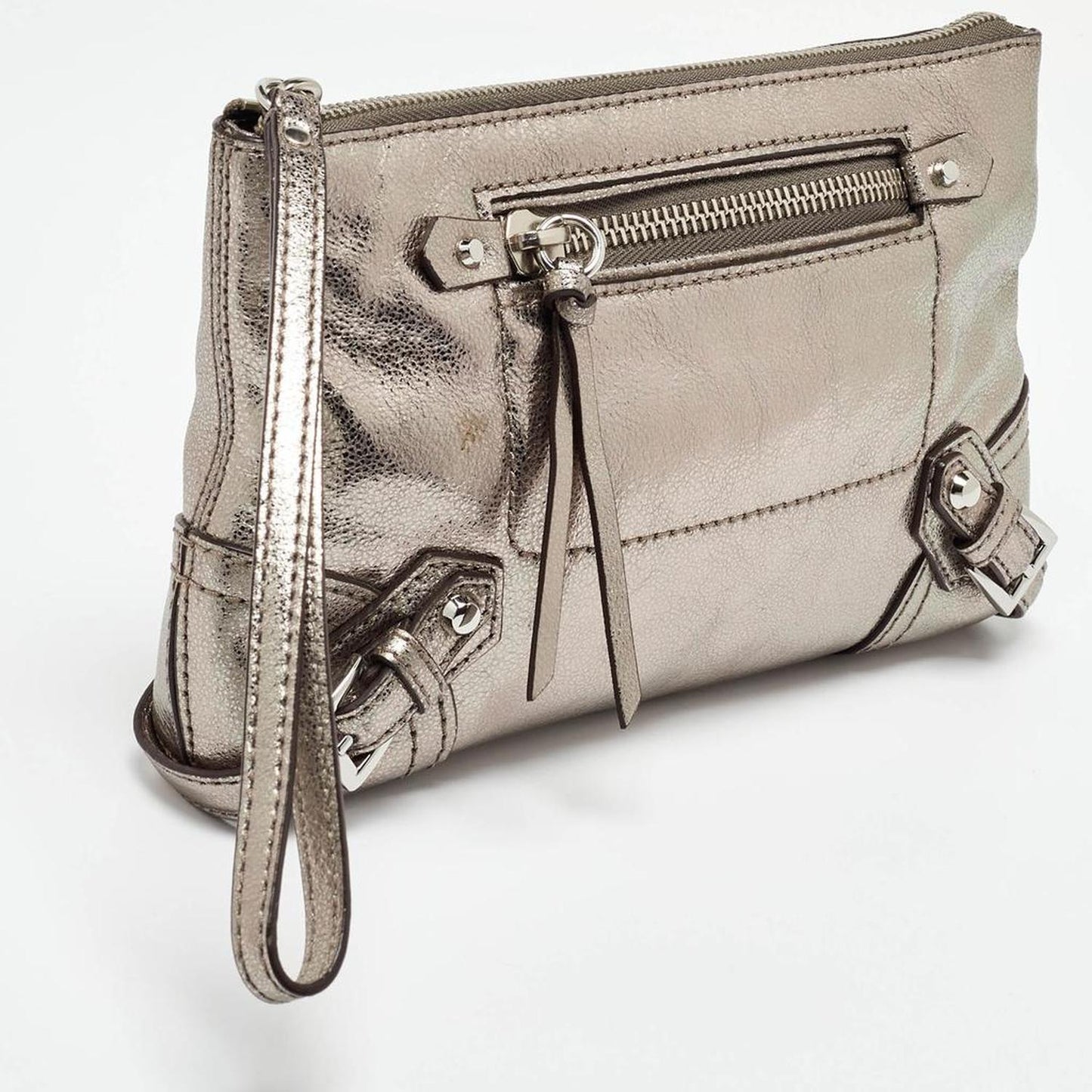 Metallic Grey Leather Fallon Wristlet Clutch