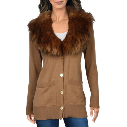 Womens Faux Fur Trim Button-Down Cardigan Sweater