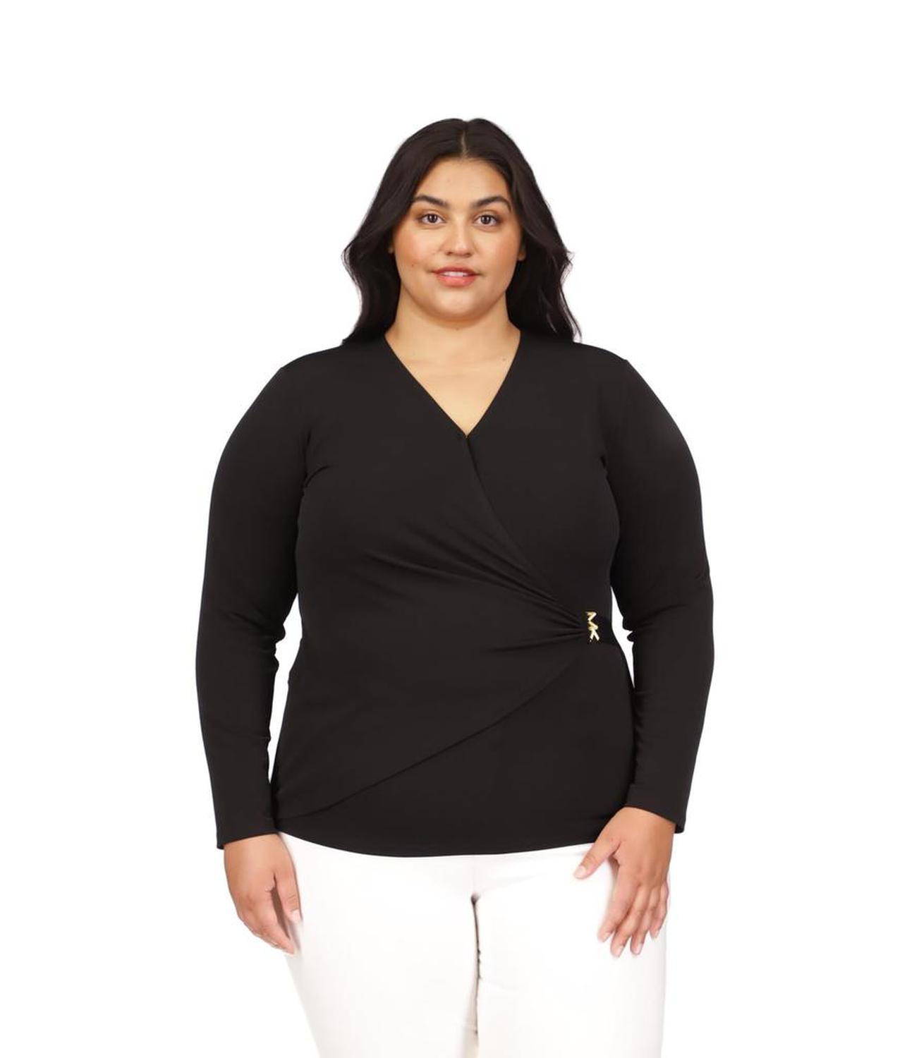 Plus Size Long Sleeve Hardware Faux Wrap Top