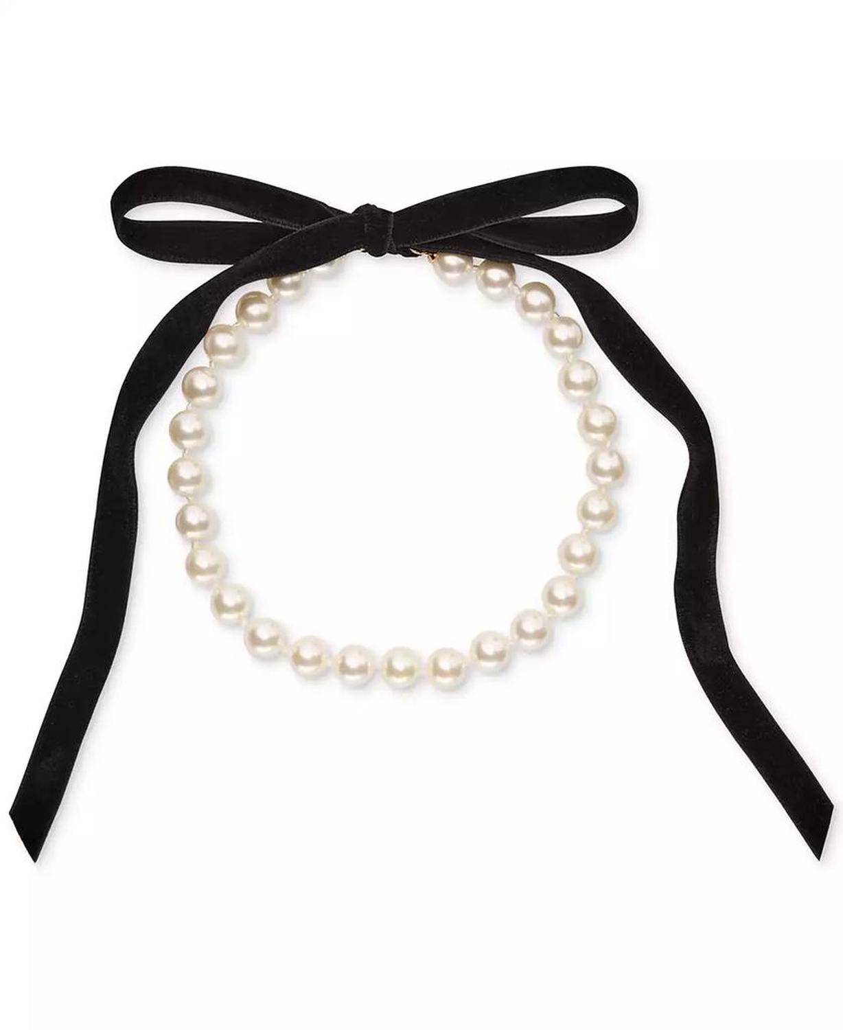 Gold-Tone Imitation Pearl Velvet Tie 78" Statement Necklace