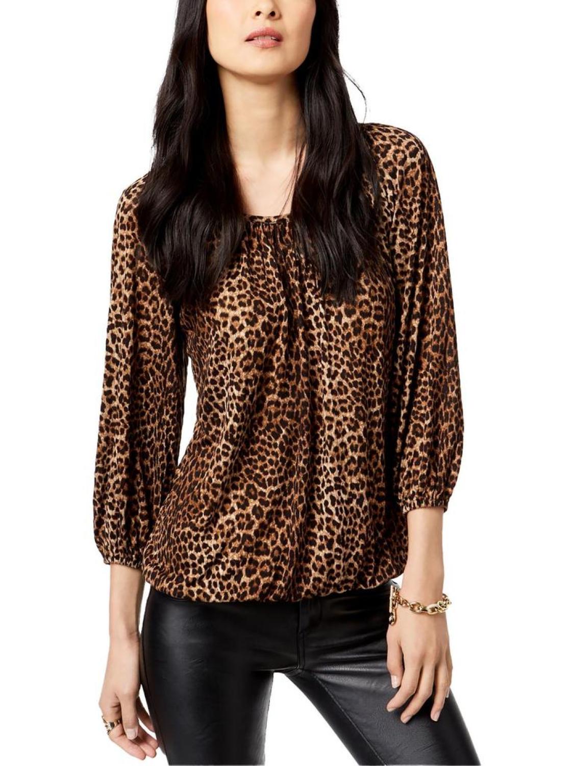 Petites Womens Animal Print Scoop Neck Peasant Top